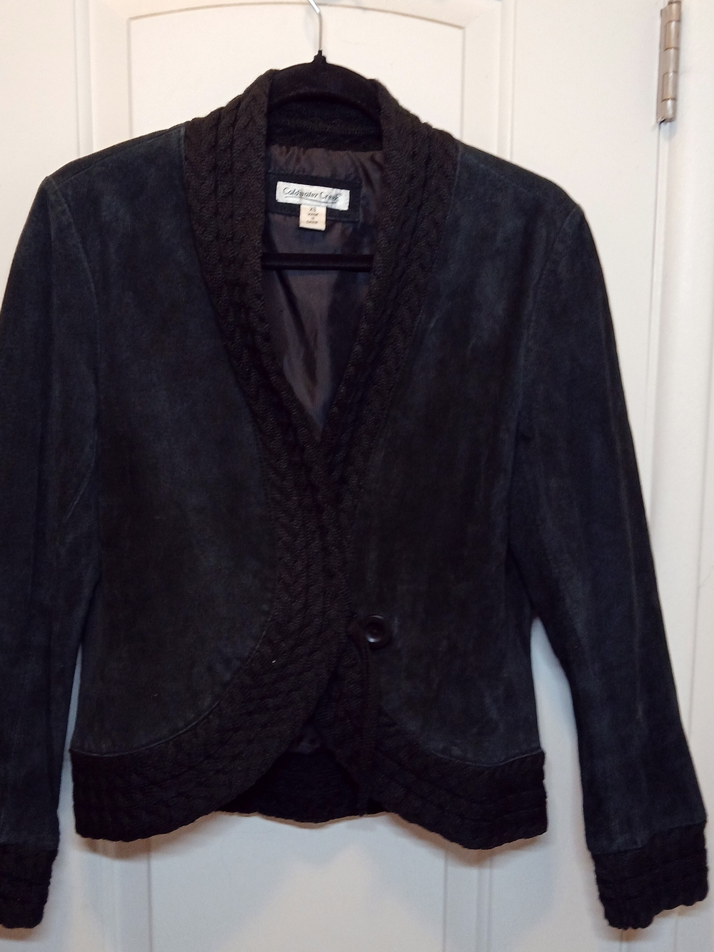 Coldwater Creek Women's sz XS Black Leather Lined one Button Jacket Knit Trim
